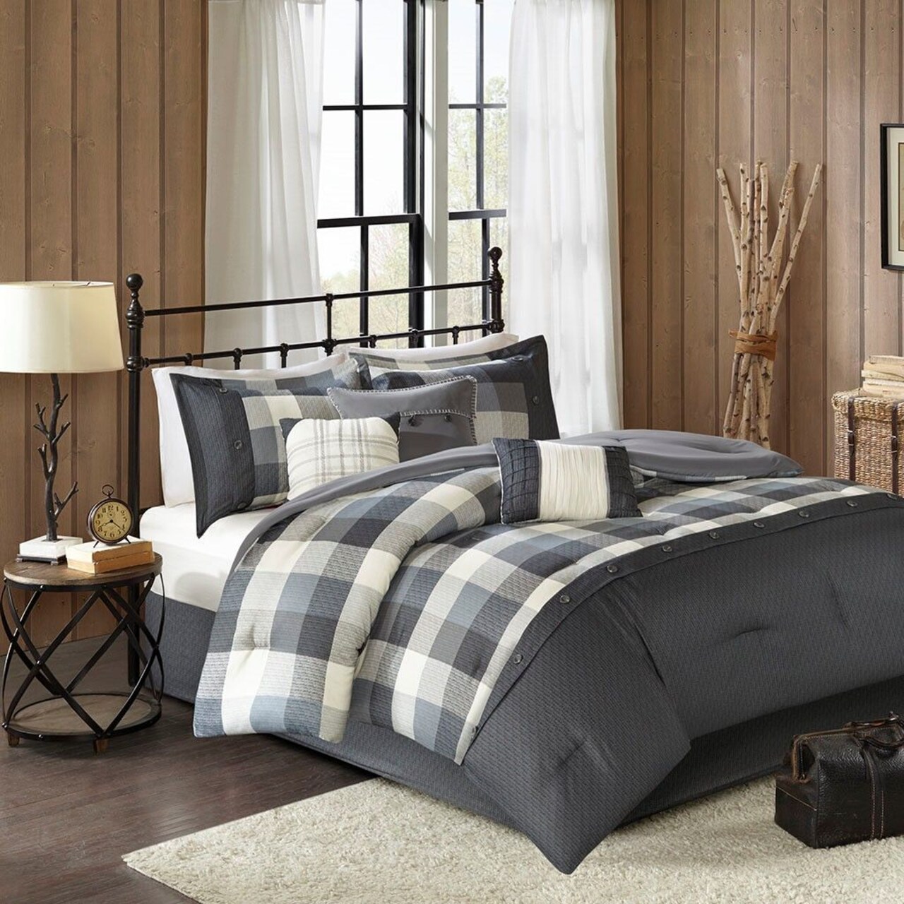 Cal King Herringbone Comforter Set, 7-Piece Buffalo Plaid Bedding Collection